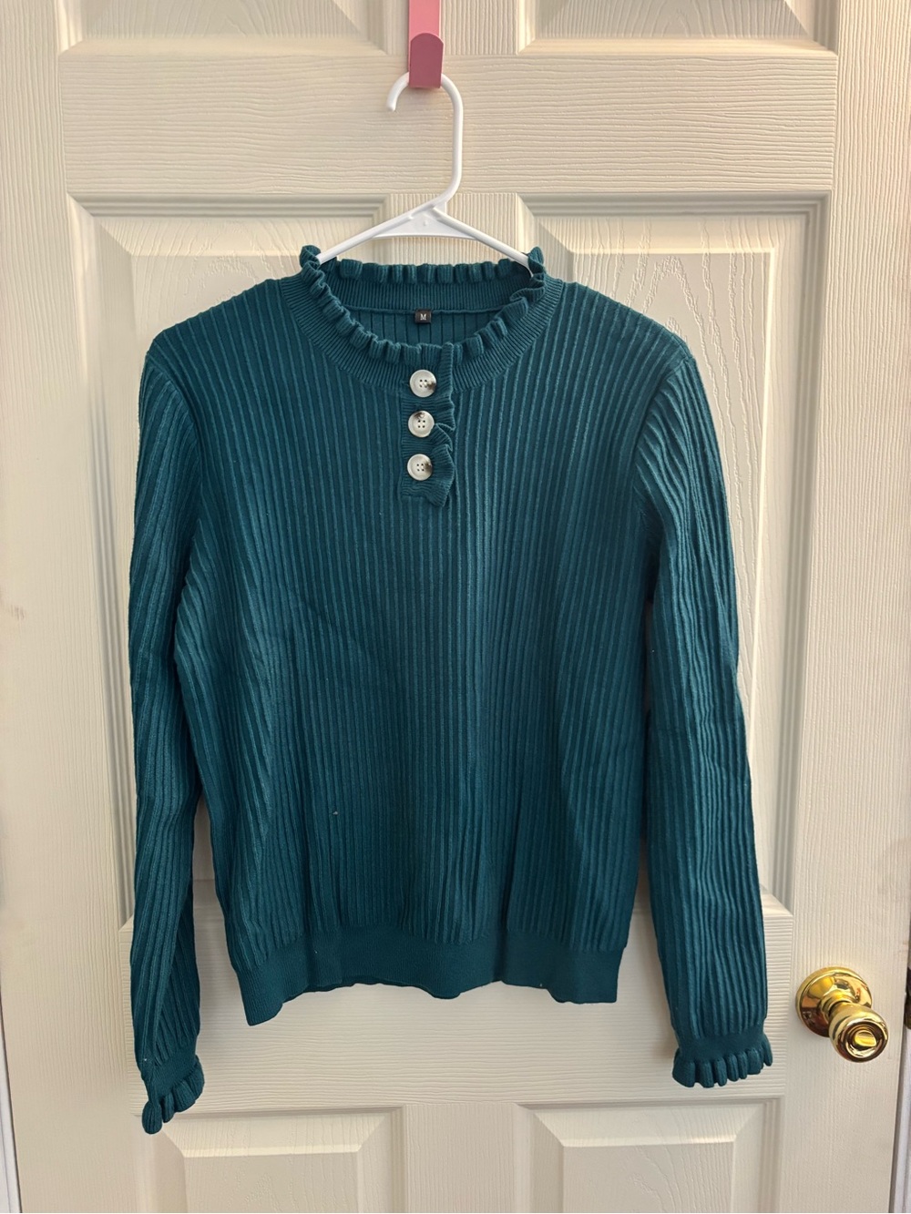 Ribbed Button-Front Long Sleeve Top - Teal
